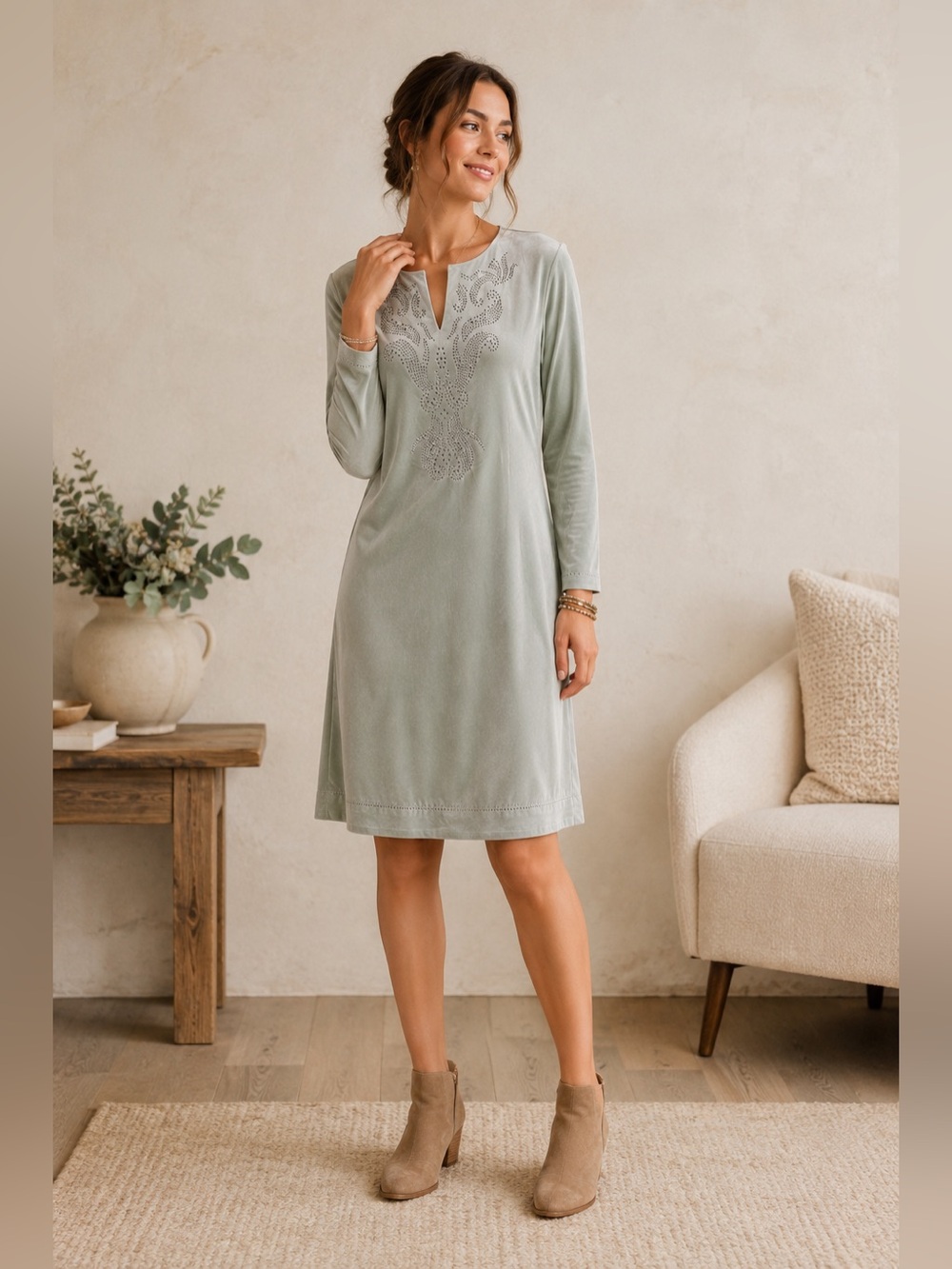 Soft Surroundings Sage Green Velvet Embellished Long Sleeve Dress Medium NWT - Picture 12 of 12